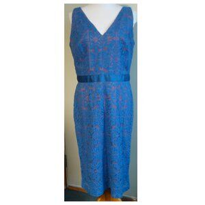 KAY UNGER Size 12 elegant lace midi pencil Dress, sheer blue/pink lining